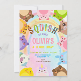 Cute Animals Squish On Over rainbow  Birthday  Einladung