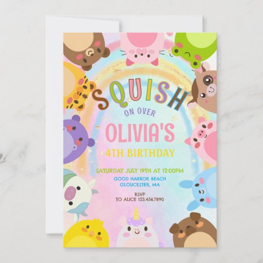 Cute Animals Squish On Over rainbow  Birthday  Einladung (Vorderseite)