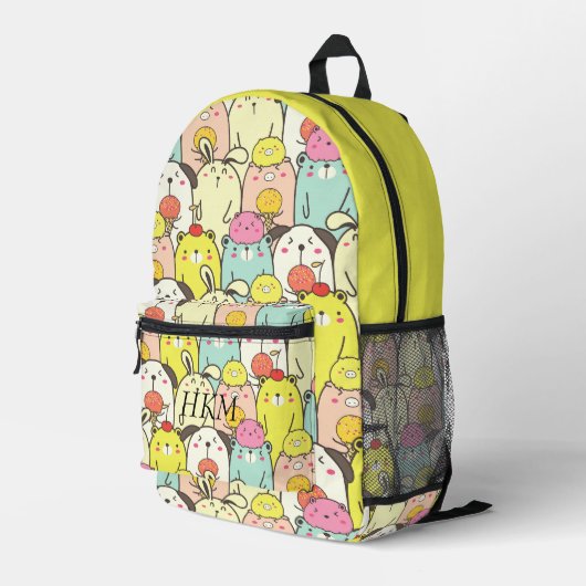 Cute Animals Yellow Monogram Name Bedruckter Rucksack (Rückseitige Ecke Rechts)