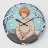 Cute Anime Boy Drinking Coffee in Winter Große Wanduhr (Vorderseite)