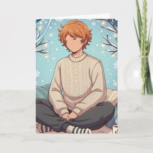 Cute Anime Boy Drinking Coffee in Winter Karte (Vorderseite)