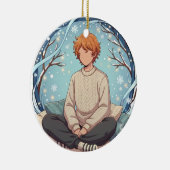 Cute Anime Boy Drinking Coffee in Winter Keramik Ornament (Rechts)