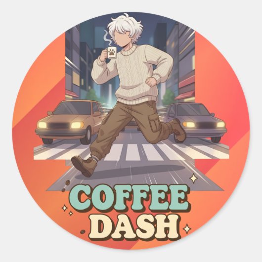 Cute Anime Boy Running in the City with Coffee Runder Aufkleber (Vorderseite)