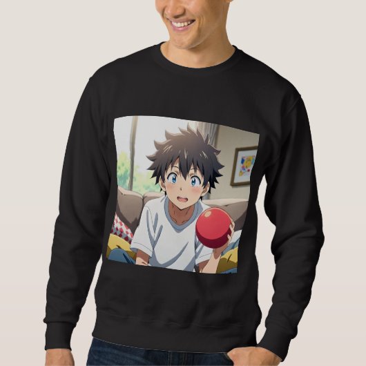 Cute Anime Boy with Blue Eyes Holding a Red Ball a Sweatshirt (Vorderseite)