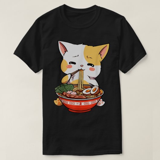 Cute Anime Cat Eating Ramen T-Shirt (Design vorne)