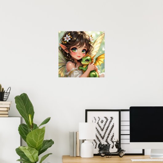 Cute Anime Fairy and Chibi Dragon Poster (Heimbüro)