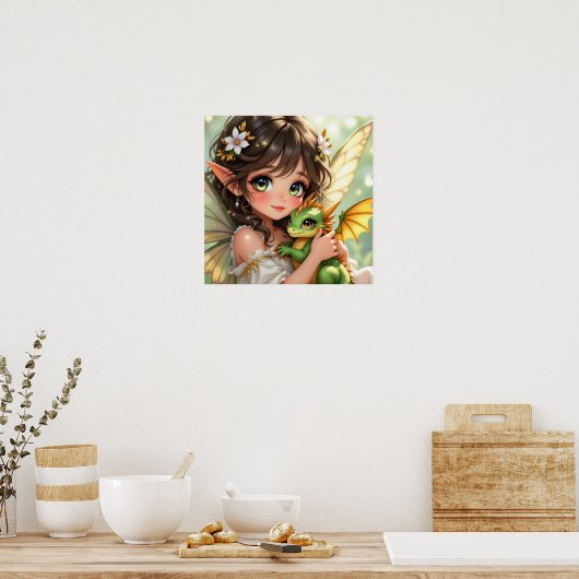 Cute Anime Fairy and Chibi Dragon Poster (Küche)