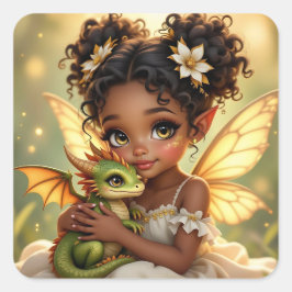 Cute Anime Fairy Girl and Chibi Dragon Quadratischer Aufkleber