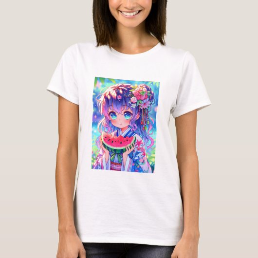Cute Anime Girl Eating Watermelon on a Summer Day T-Shirt (Vorderseite)