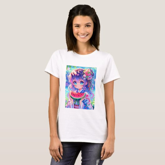 Cute Anime Girl Eating Watermelon on a Summer Day T-Shirt (Vorne ganz)