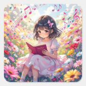 Cute Anime Girl Reading a Book Quadratischer Aufkleber (Vorderseite)