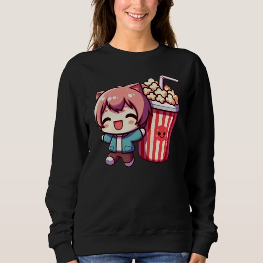 Cute Anime With Popcorn And Straw Sweatshirt (Vorderseite)