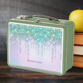 Cute Aqua blue Drips faux glitter monogram Metall Brotdose