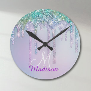 Cute Aqua Turquoise Unicorn Glitter Drips monogram Runde Wanduhr