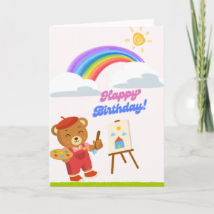 Cute Artist Bear Birthday Card - Rainbow Painting  Karte