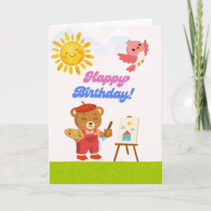 Cute Artist Teddy Bear Happy Birthday Card - Paint Karte