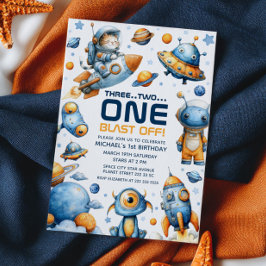Cute Astronaut Cat Blast Off Space 1st Birthday Einladung
