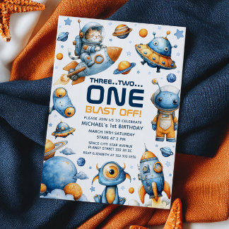 Cute Astronaut Cat Blast Off Space 1st Birthday Einladung