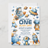 Cute Astronaut Cat Blast Off Space 1st Birthday Einladung (Vorderseite)