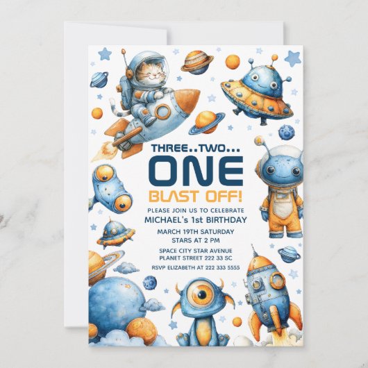 Cute Astronaut Cat Blast Off Space 1st Birthday Einladung (Vorderseite)