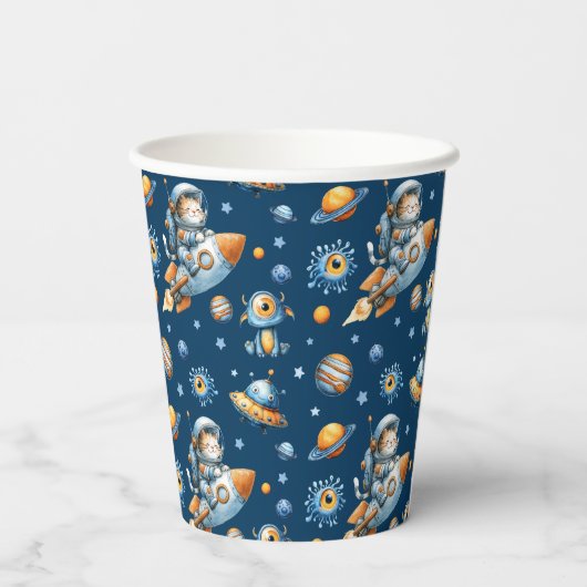 Cute Astronaut Cat Galaxy Pattern Space Navy Blue Pappbecher (Rückseite)