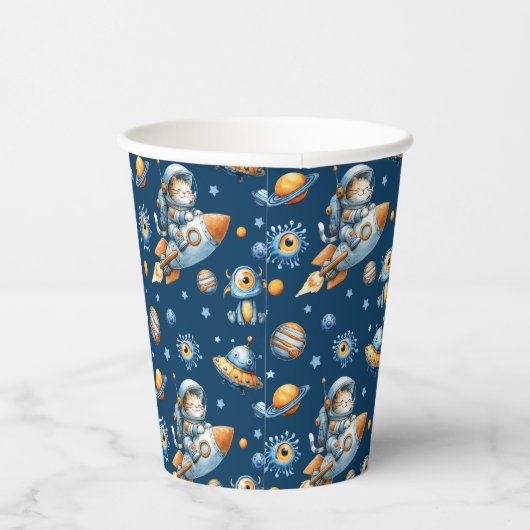 Cute Astronaut Cat Galaxy Pattern Space Navy Blue Pappbecher (Rechts)