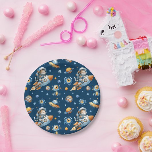 Cute Astronaut Cat Space Galaxy Pattern Navy Blue  Pappteller (Party)