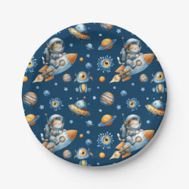 Cute Astronaut Cat Space Galaxy Pattern Navy Blue Pappteller