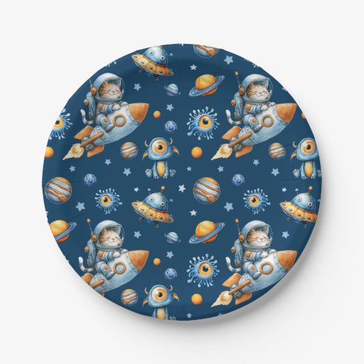 Cute Astronaut Cat Space Galaxy Pattern Navy Blue Pappteller (Vorderseite)