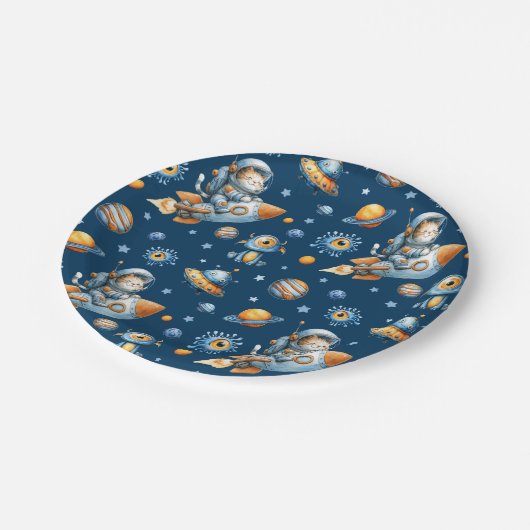 Cute Astronaut Cat Space Galaxy Pattern Navy Blue Pappteller (Schrägansicht)