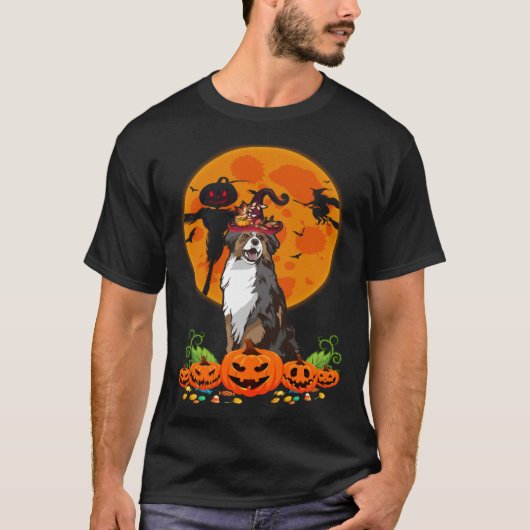 Cute Australian Shepherd Dog Witch Pumpkin Hallowe T-Shirt (Vorderseite)