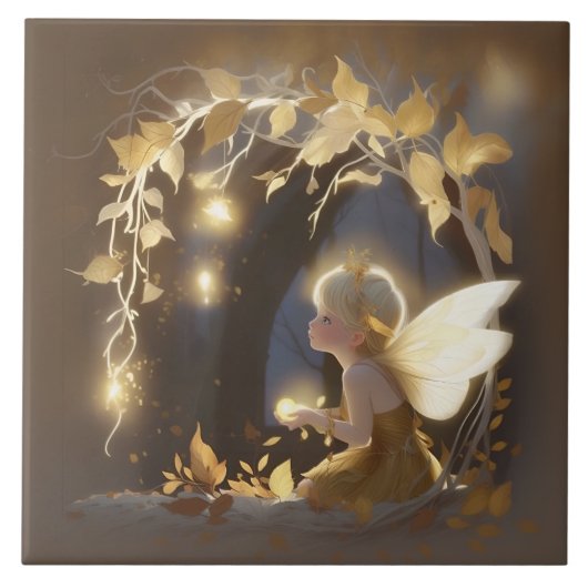 Cute Autumn Fairy with Glowing Flowers Fliese (Vorderseite)