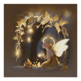 Cute Autumn Fairy with Glowing Flowers Poster