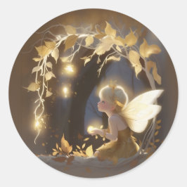 Cute Autumn Fairy with Glowing Flowers Runder Aufkleber