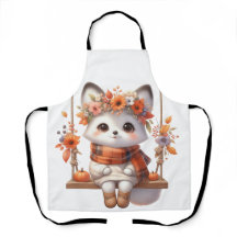 Cute Autumn Fox Kawaii Floral Cottagecore Apron
