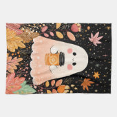 Cute Autumn Ghost with Pumpkin Coffee – Cozy Fall Geschirrtuch (Horizontal)