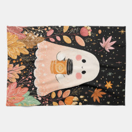 Cute Autumn Ghost with Pumpkin Coffee – Cozy Fall  Geschirrtuch