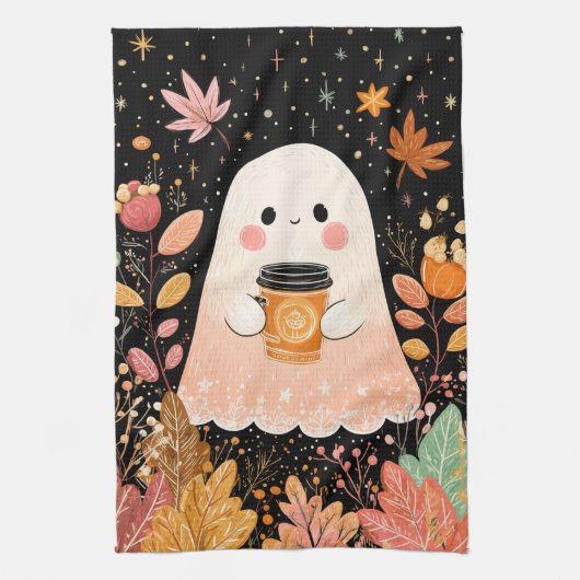 Cute Autumn Ghost with Pumpkin Coffee – Cozy Fall Geschirrtuch (Vertikal)