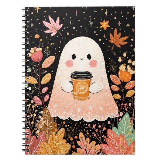 Cute Autumn Ghost with Pumpkin Coffee – Cozy Fall  Notizblock (Vorderseite)