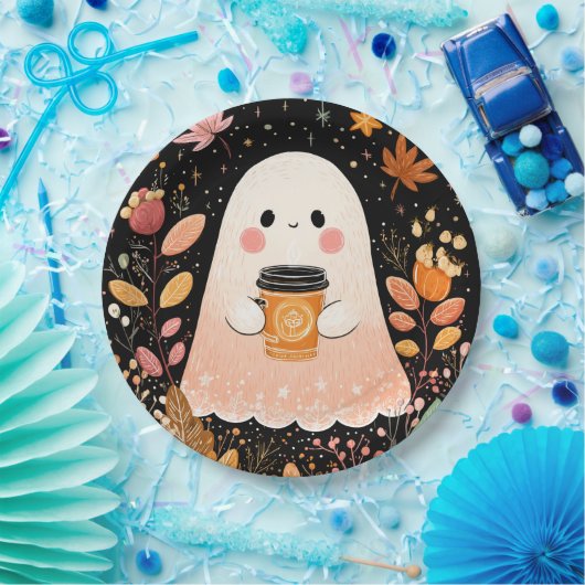 Cute Autumn Ghost with Pumpkin Coffee – Cozy Fall Pappteller (Party)