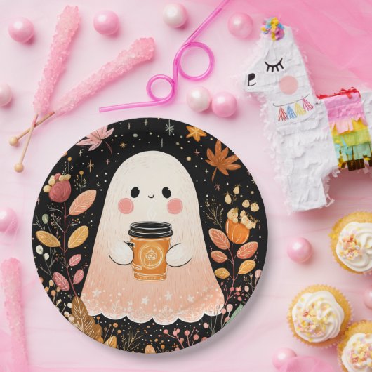 Cute Autumn Ghost with Pumpkin Coffee – Cozy Fall Pappteller (Party)