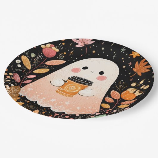 Cute Autumn Ghost with Pumpkin Coffee – Cozy Fall  Pappteller (Schrägansicht)