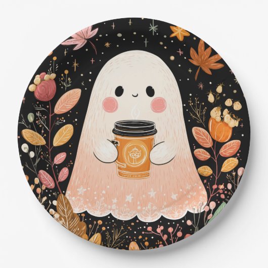 Cute Autumn Ghost with Pumpkin Coffee – Cozy Fall Pappteller (Vorderseite)