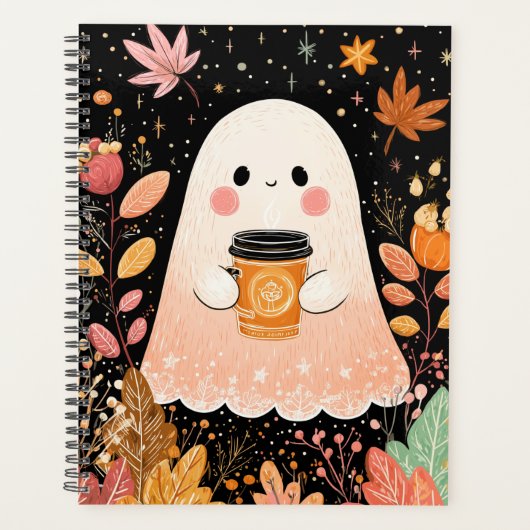 Cute Autumn Ghost with Pumpkin Coffee – Cozy Fall  Planer (Vorderseite)