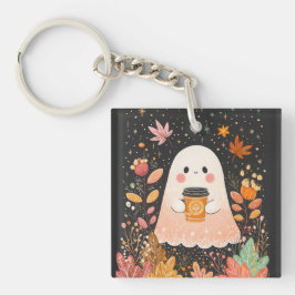 Cute Autumn Ghost with Pumpkin Coffee – Cozy Fall Schlüsselanhänger