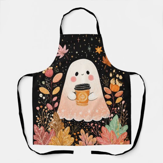 Cute Autumn Ghost with Pumpkin Coffee – Cozy Fall Schürze (Vorderseite)