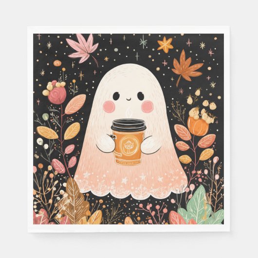 Cute Autumn Ghost with Pumpkin Coffee – Cozy Fall Serviette (Vorderseite)