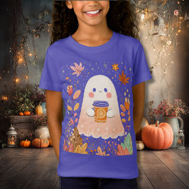 Cute Autumn Ghost with Pumpkin Coffee – Cozy Fall T-Shirt