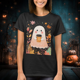 Cute Autumn Ghost with Pumpkin Coffee – Cozy Fall T-Shirt
