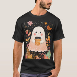 Cute Autumn Ghost with Pumpkin Coffee – Cozy Fall  T-Shirt